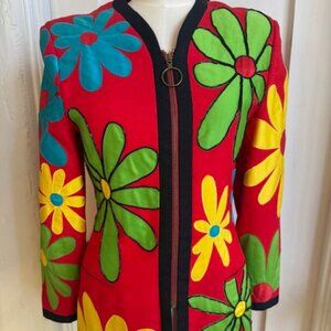 Vintage 90s COMPLICE Bright Red Floral Jacket with Beading Size 6